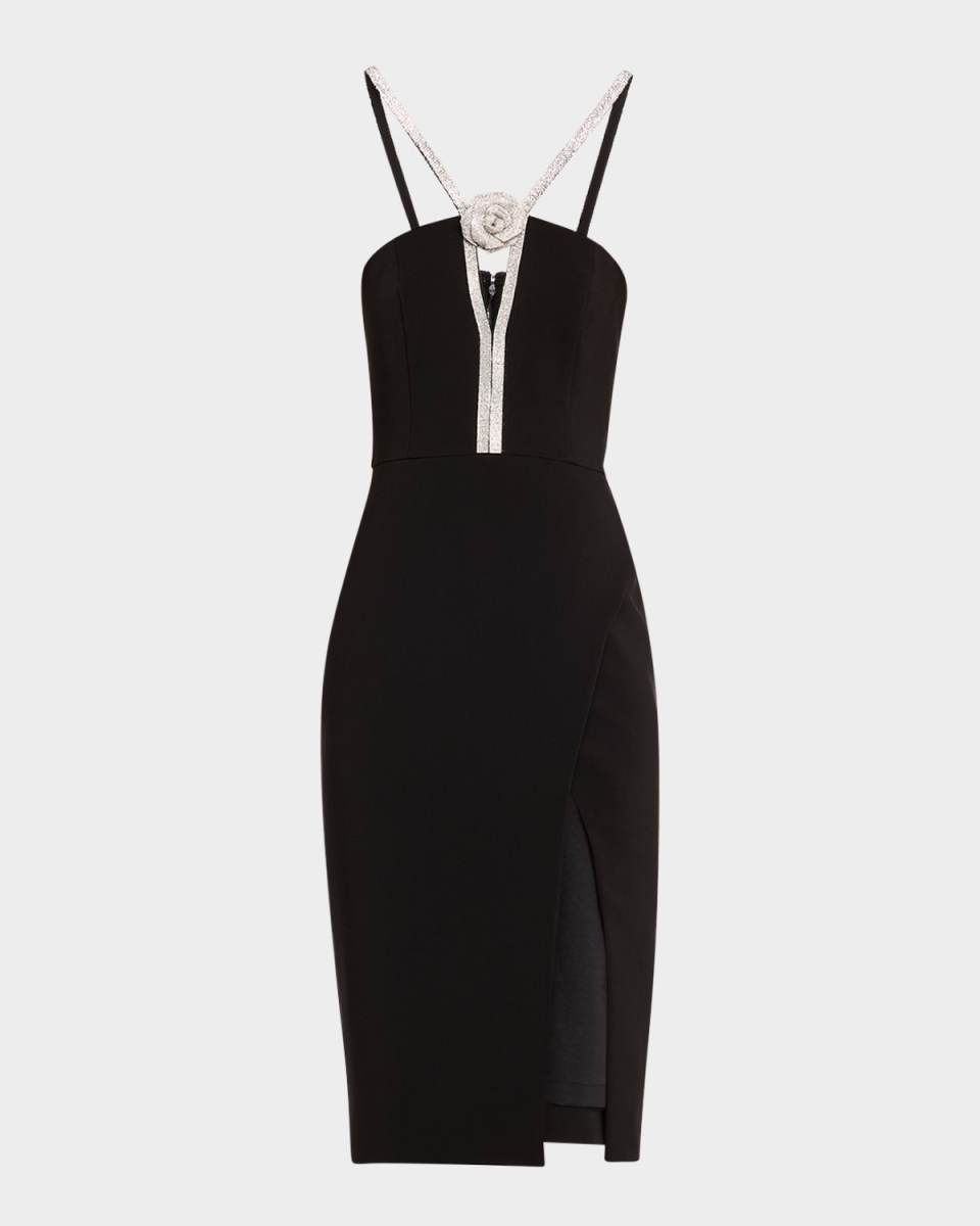 Rhinestone-Trim Stretch Crepe Dress